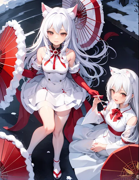 white hair, anime, shoujo, shrine, white cat ears, red witch costume, snow, red umbrella, red eyes, snow, white stockings