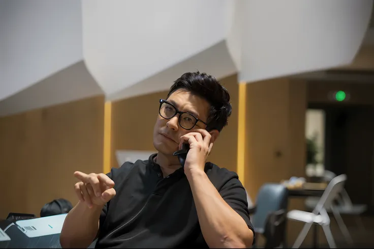 (There is a man) sitting on the phone (under the high-end realistic picture, the lens focuses on the man, slightly head tilting, the environment is old, the man is dressed in a business suit, his expression is calm and calm, and the color of the lens is sl...