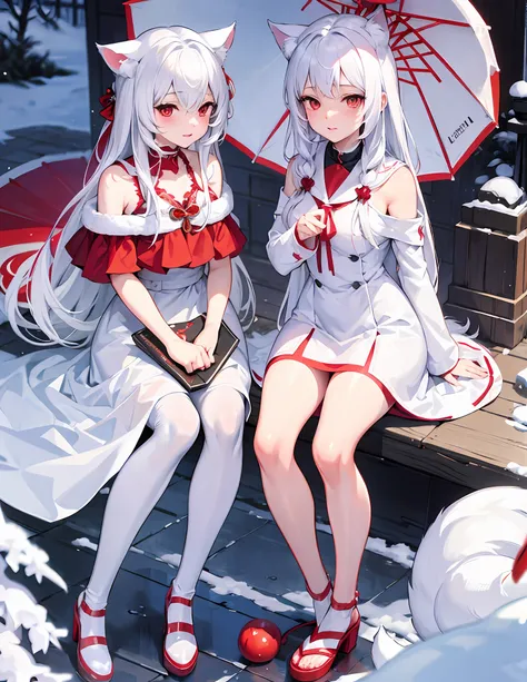 white hair, anime, shoujo, shrine, white cat ears, red witch costume, snow, red umbrella, red eyes, snow, white stockings