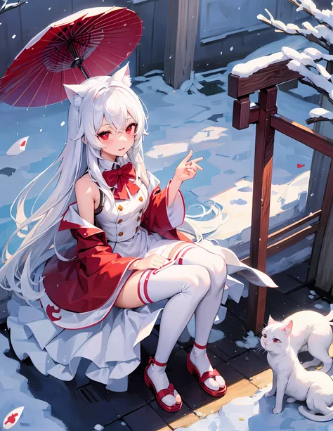 white hair, anime, shoujo, shrine, white cat ears, red witch costume, snow, red umbrella, red eyes, snow, white stockings