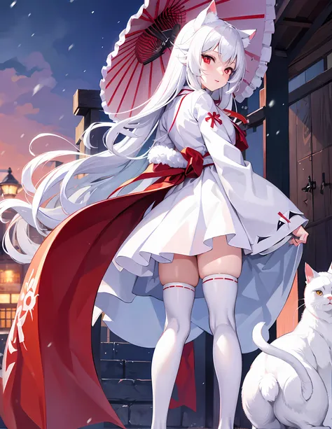 white hair, anime, shoujo, shrine, white cat ears, red witch costume, snow, red umbrella, red eyes, snow, white stockings