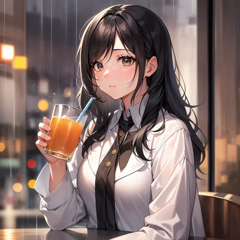 "((obra_maestra)), best quality, ultra detailed, girl with bangs, black hair, blurred city background, depth of field, drinking ...