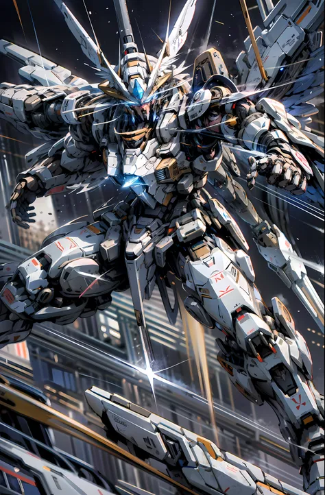 Bokeh, Stand Flying, Ultra Detailed, Official Art, 8k Wallpaper, Robot, Eyes Glare of Cross Blue, Mecha, Mechanical Big Wings, Dapeng Spreads Its Wings, Aiming at the Target with Two Guns, Black and White Color Scheme