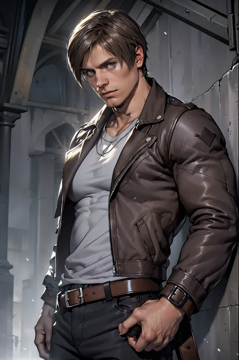 1 man, young man, 27 year old, leon s. kennedy from resident evil 4, face of eudard badaluta, solo, white skin, muscular, lean m...