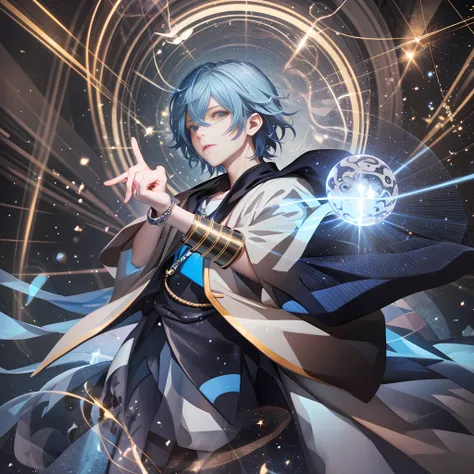 an electric ball of light, blue light, anime boy, hands outstretched