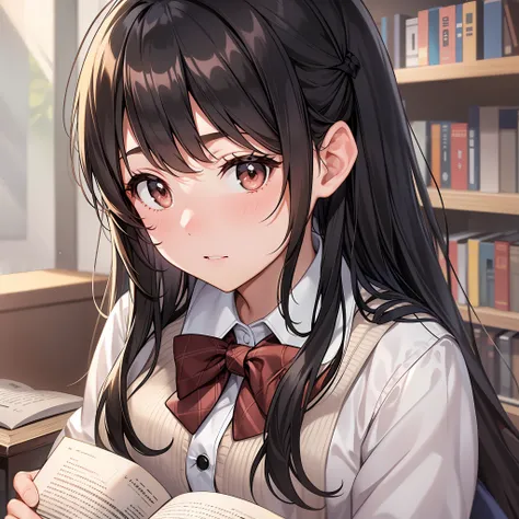 a girl, bangs, black hair, blush, book, bow, brown eyes, chair, desk, eyebrows_visible_through_hair, hair bow, hair, holding boo...