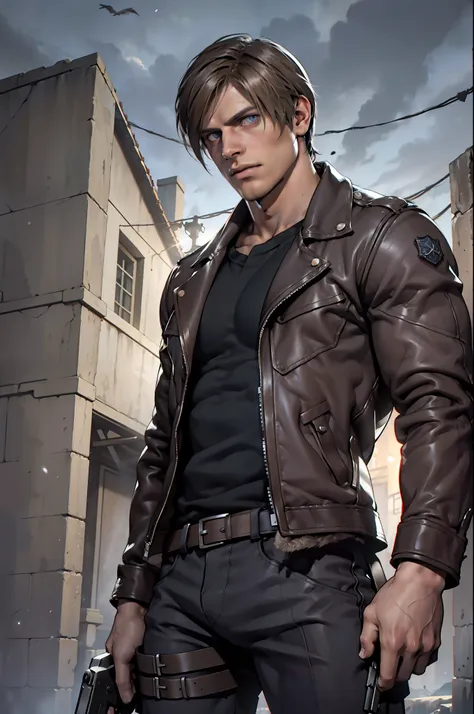 1 man, young man, 27 year old, leon s. kennedy from resident evil 4, face of eudard badaluta, solo, white skin, muscular, lean m...