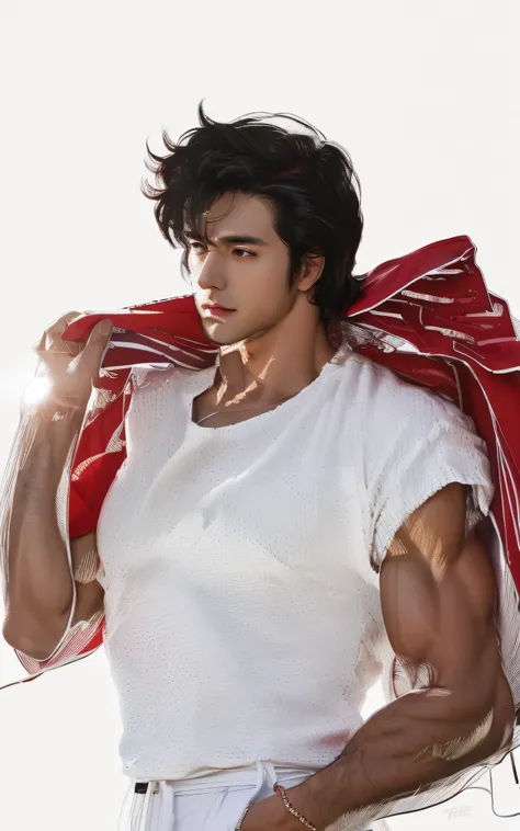 a handsome guy, wearing a pure red sleeveless t-shirt, messy hair, black hair, white skin, (exposing arm muscles), completely ba...