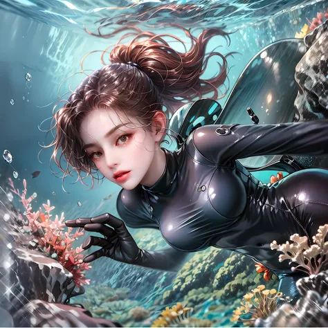 girl, black translucent transparent wetsuit, carrying oxygen cylinder, with diving fins, deep underwater, coral coast, good figu...