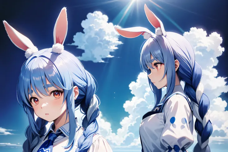 (人物: Usada Pekora), bunny girl, blue hair, twin braids, a girl, solo, absurdres, highres, (official art, beautiful and aesthetic:1.2), close view,
shining sky, vast world, girl, gazing, awe-inspiring expression, distant horizon, clouds, high hill, natural ...