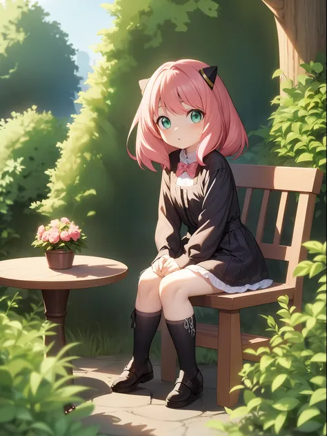 anya forger sitting in the garden, (small stature:1.2), black accessory, pink hair, nice environment, super detailed, high quali...