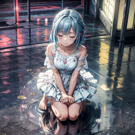 anime style, 1girl, kneeling, particles of light, (looking up), ((crying)), ((eyes closed)), white dress, blue hair down, barefo...