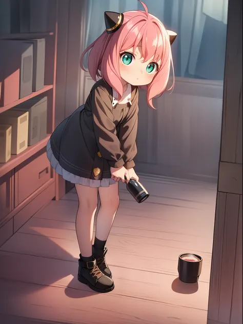 anya forger, taking juice, (small stature:1.2), 2 black cones in hair, pink hair, nice environment, super detailed, high quality