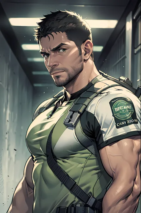 1 man, solo, 35 year old, chris redfield, wearing green t shirt, smirks, white color on the shoulder and a bsaa logo on the shou...