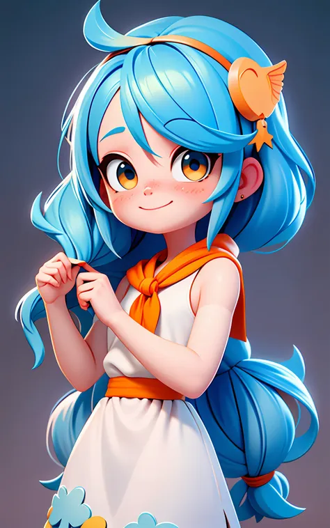 pixar, 1 girl, long blue hair, orange pupils: 1.5, white antique tunic, happy, masterpiece