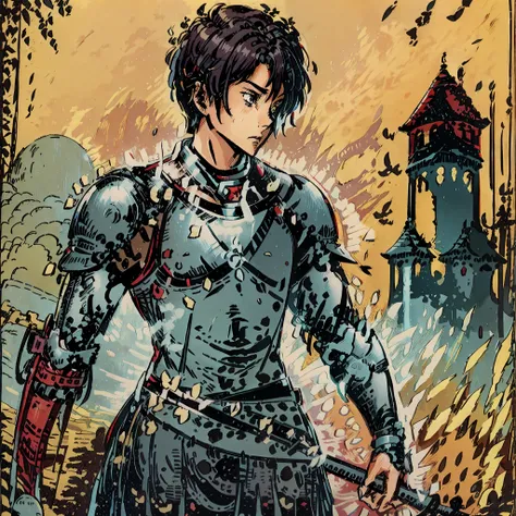 cartoon style. a young warrior in his iron armor with a sword behind his back