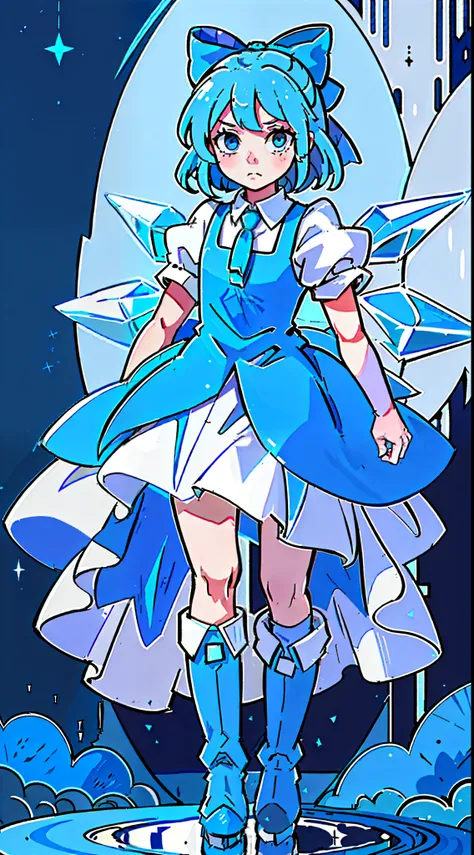 With a blue dress around 110cm tall, long boots, ice wings behind her, blue hair, and a blue bow on her head, she is an innocent and cute young girl.