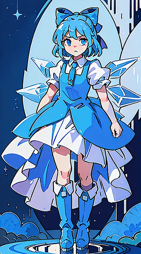 With a blue dress around 110cm tall, long boots, ice wings behind her, blue hair, and a blue bow on her head, she is an innocent and cute young girl.