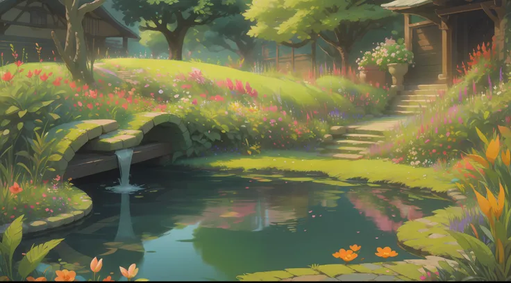 A breathtakingly beautiful garden filled with a stunning array of colorful flowers, lush greenery, and tranquil water features, surrounded by a serene and peaceful atmosphere.