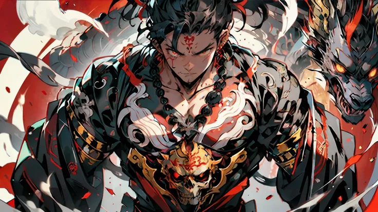 An anime poster featuring tattoos, young and dangerous, different hairstyle display, upper body dragon tattoo, skull ring and necklace ornaments, lean body, sharp and fierce eyes, male, different drawings, flow special effects, red background, visual impac...