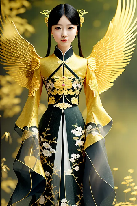 (Masterpiece: 1.5), (Best quality: 1.5), 1girl, black hair, black eyes, golden wings, transparent wings, angel wings, (background: gorgeous, golden light), (Chinese style clothes)