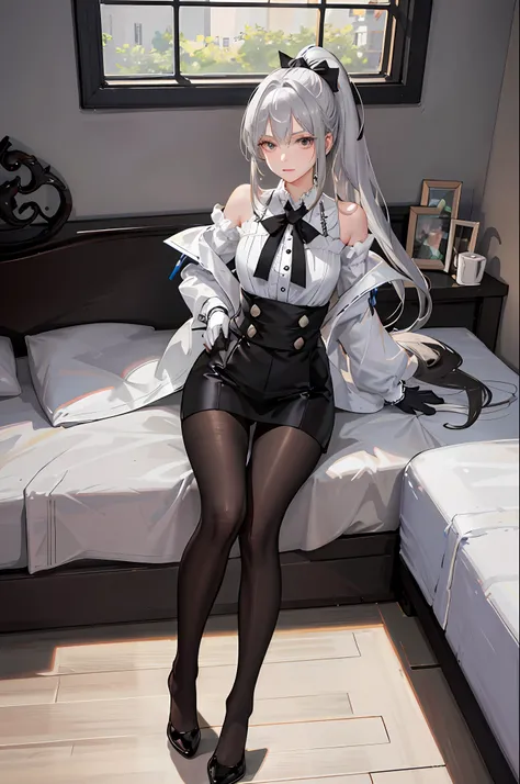(1 girl), ray tracing, (dim lighting), [detailed background (bedroom), (silver hair), (silver hair) (shaggy silver hair, plump and slim girl) (with high ponytail) alone in the bedroom, blonde eyes (girl wearing intricately embroidered black high-waisted pa...