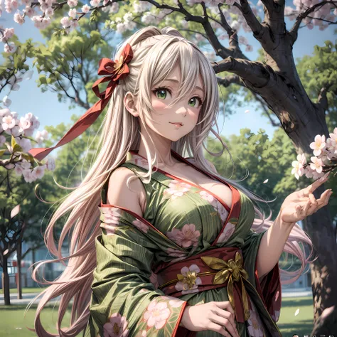 anime style, ((close up)) bautiful young woman, 1girl, (dreamy big eyes), wearing red kimono, (long white hair), (green eyes), large breasts, smirk, lips, in a park, under a cherry blossom tree, hair floatingin the wind, sunlight, cinematic lighting, ((fro...