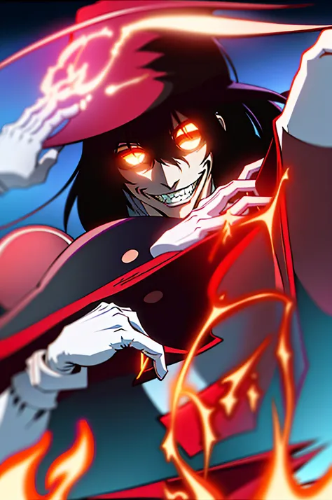 (alucard:1.3), masterpiece, best quality, absurdres, 1boy, looking at viewer, standing, outdoors, night, evil smile, glasses, ha...