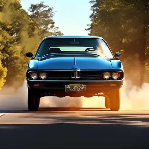 car, maverick 1976, black color, middle of the road at 45º angle, smoke, tire mark on the asphalt, blue sky, rays of sun among t...