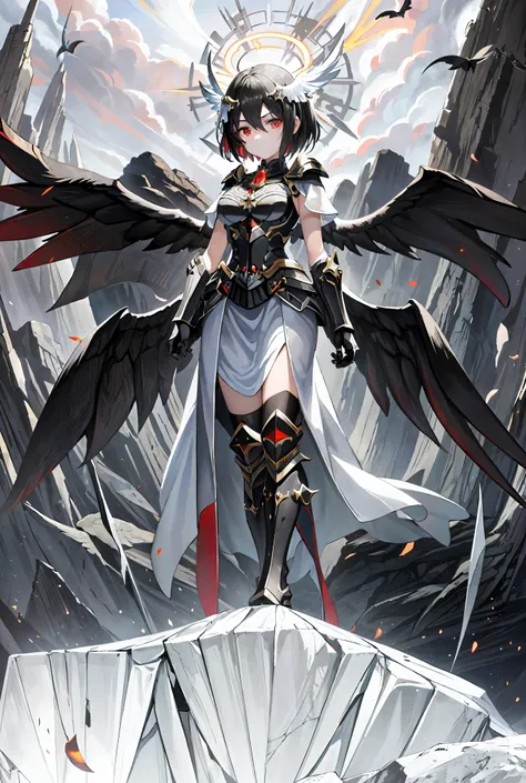 (best quality, masterpiece: 1.2, ultra detailed, official art), 1 girl, anime character standing on a cave rock with angel wings...