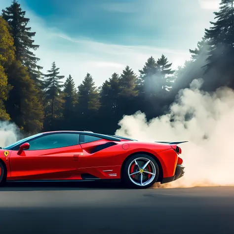 car, ferrari, red color, middle of the road at 45º angle, smoke, tire mark on the asphalt, blue sky, rays of sun among the trees...