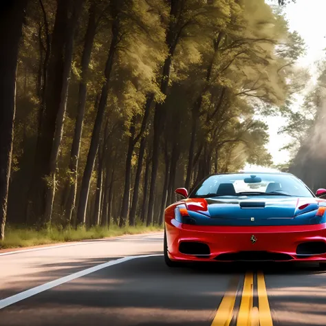 car, ferrari, red color, middle of the road at 45º angle, smoke, tire mark on the asphalt, blue sky, rays of sun among the trees...