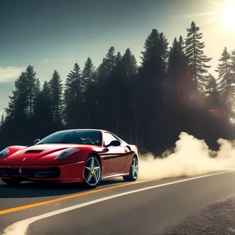 car, ferrari, red color, middle of the road at 45º angle, smoke, tire mark on the asphalt, blue sky, rays of sun among the trees...