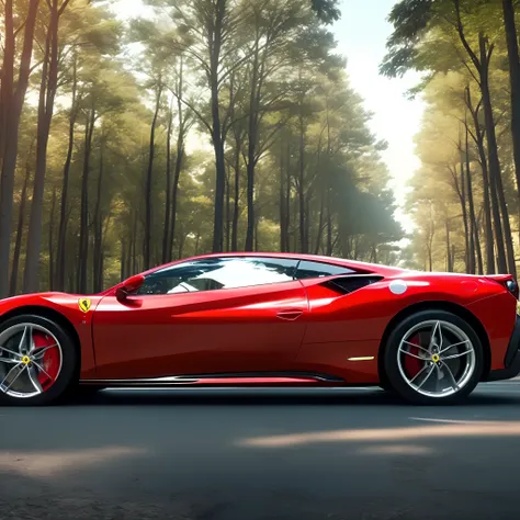 car, ferrari, red color, middle of the road at 45º angle, smoke, tire mark on the asphalt, blue sky, rays of sun among the trees...