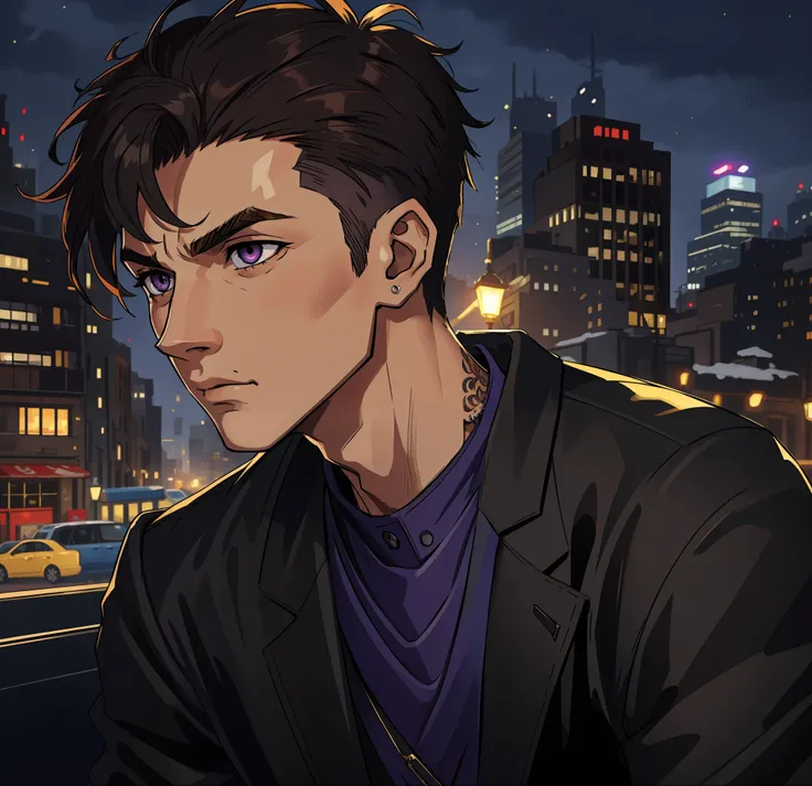 (masterpiece, best quality), intricate details, 8k, artstation, wallpaper, official art, splash art, sharp focus, 1 boy, short hair above ear shaved on the sides spiky up, serious expression, brown skin, bright purple eyes, at night, dark black hair, gangs...