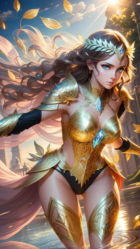 award winning concept art of tall (1girl:1.2) in glass shiny ornate armor running towards the viewer, epic, god rays, centered, (masterpiece:1.2), (best quality:1.2), Amazing, highly detailed, beautiful, finely detail, warm soft color grading, Depth of fie...