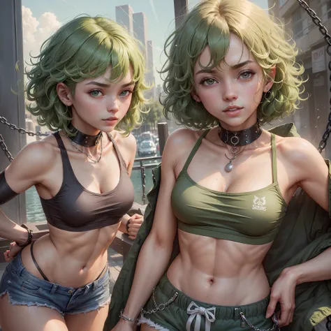 tatsumaki, ((medium chest, tomboy, small head)), (cropped abdomen: 1.1), (perfect body: 1.1), (short wavy hair: 1.2), green hair...