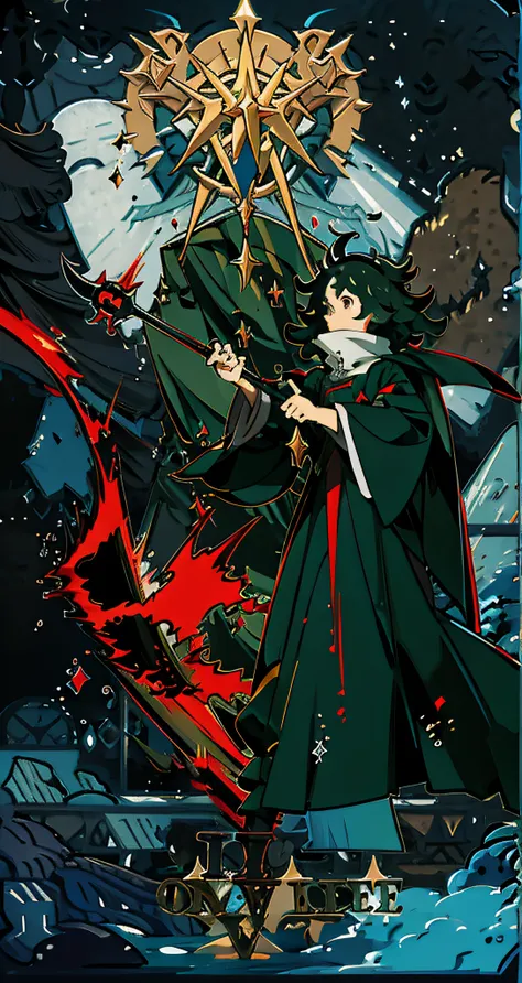 Izuku Midoriya as the grim reaper wearing plague doctors clothes wielding a scythe on a cementary under the crimson moonlight