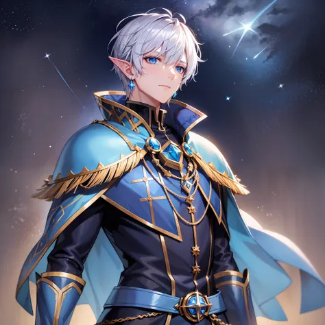 young man, blue eyes, elf ears, meteorite earrings, blue coat,armor, spiky shoulders, blue clothes, long collars, blue cape, whi...