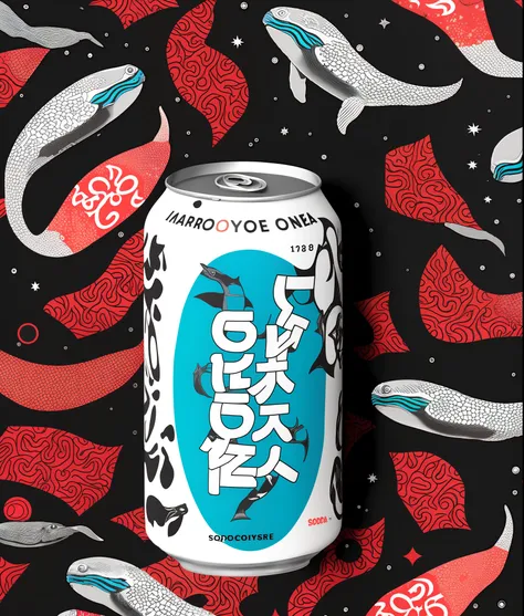 mockup of (soda can with japanese punk rock design beautifully illustrated with whales drawn:1.2) with a black background, andro...