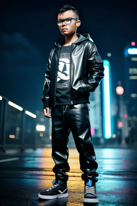 guttonerdvision5, a 3 year old boy wearing glasses, detailed skin and face, half body, with hooded leather clothing, cyberpunk style, neon, colored lights, ultra realistic rainy cyberpunk city scenery, realistic character,