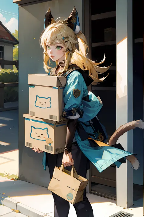 ((masterpiece)), 1 girl solo, cat ears. 2 tails, holding packages, lots of boxes, post office