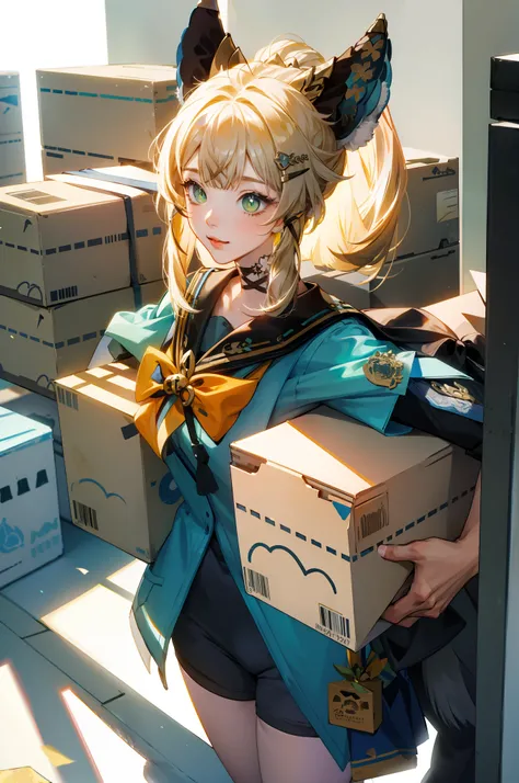 ((masterpiece)), 1 girl solo, cat ears. 2 tails, holding packages, lots of boxes, post office