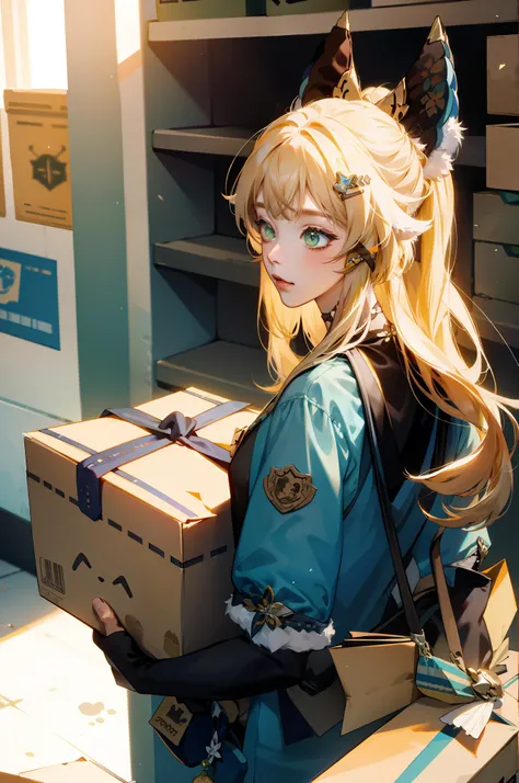 ((masterpiece)), 1 girl solo, cat ears. 2 tails, holding packages, lots of boxes, post office