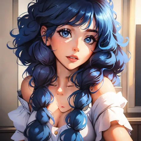 girl with blue curly hair