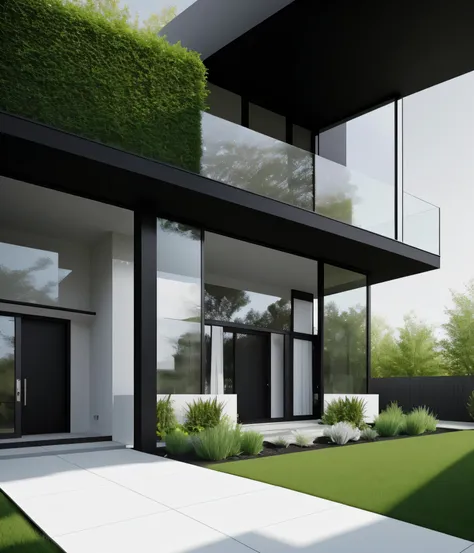 light black and white modern house with glass paneled balcony fresh green garden , entrance view with stoned pathway toward you ...