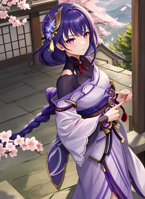 raidenshogundef, upper body, expressionless, blushing, outdoor, daytime, simple background, cherry blossoms, cherry blossom falling, looking at cherry blossoms, stairs, mountains, moody lights, facing the audience,
