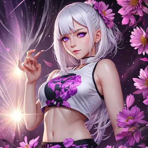 realistic, 1girl, white hair, purple eyes, glowing eyes, crop top, skirt, parted lips, blush, night, flowers, sun, sunlight, --a...