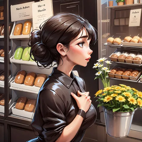 black-haired girl in the style of audrey hepburn in front of a flower shop