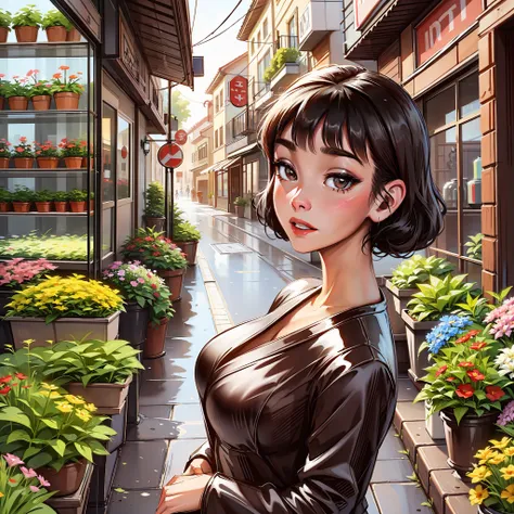 black-haired girl in the style of audrey hepburn in front of a flower shop